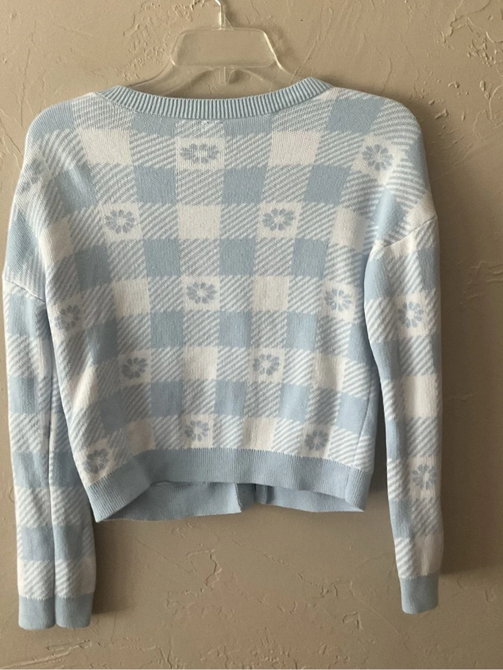 Old Navy Light Blue and White Check Plaid V-Neck Cardigan